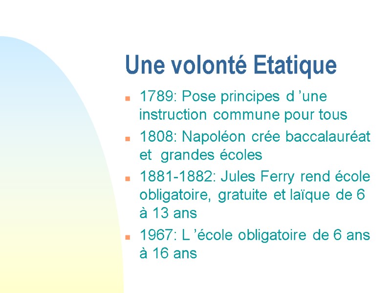 Une volonté Etatique 1789: Pose principes d ’une instruction commune pour tous 1808: Napoléon